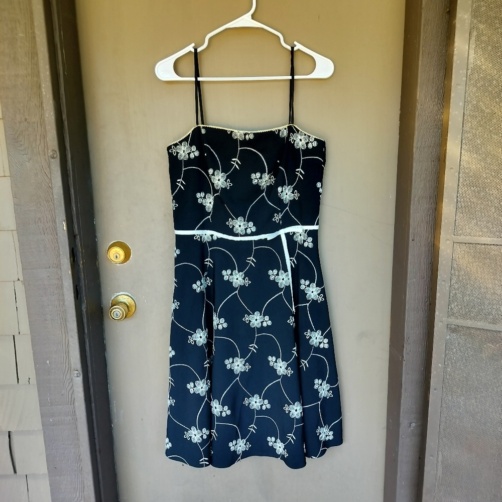 Rampage Y2K Fit and Flare Embroidered Floral Dress Black White Ribbon Bow